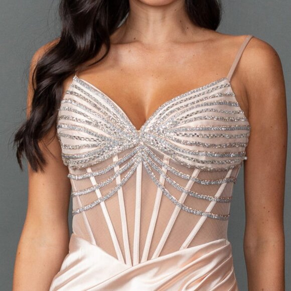 New Beads Embellished Sheath Prom Dress w/ V-Neck & Gathered Waistline DQ 4541 - Picture 8 of 9